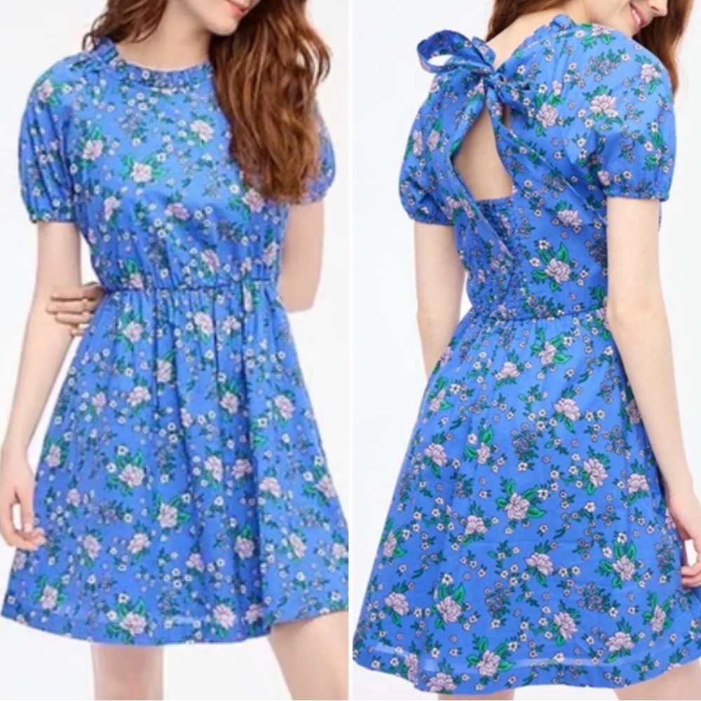 J. CREW Floral Peasant Blue Round Neckline Fit & Flare Dress